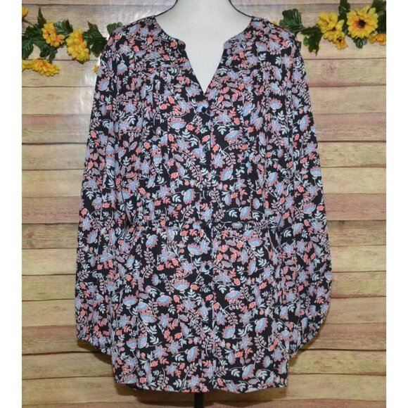 Terra & Sky Black Colorful Floral Blouse Plus Size 2X Button Front V-Neck Belt - Picture 1 of 9